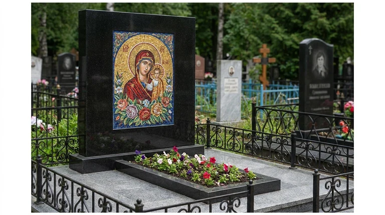 Мозаика на памятник в Томске — цветное панно из смальты на чёрной гранитной стеле