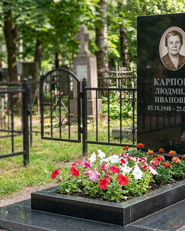 Памятник под ключ с низкой оградой и цветником в Томске
