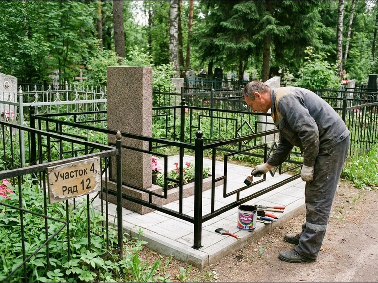 Покраска оградки на кладбище в Томске — мастер красит металлическую ограду на могиле чёрной эмалью