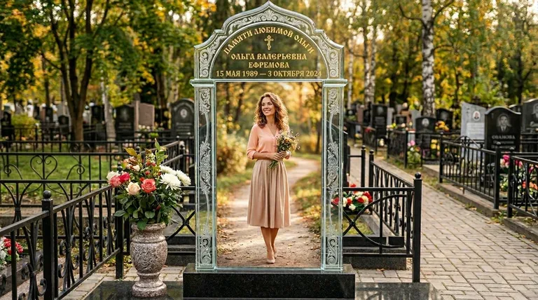 Портрет на стекле в форме арки на памятнике в Томске