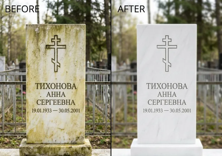 Восстановление мраморного надгробия от желтизны: до и после в Томске