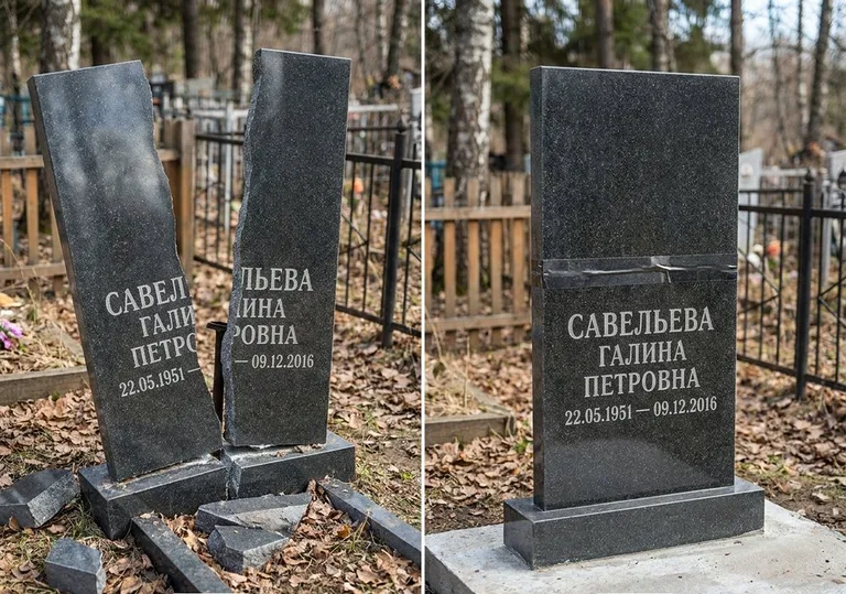Склейка расколотого гранитного памятника: до и после в Томске
