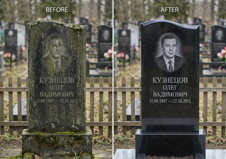 Реставрация гранитного памятника: до и после чистки и полировки в Томске