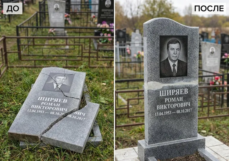 Обновление золочёных букв на граните: до и после в Томске