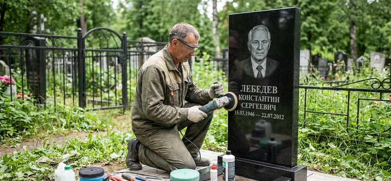 Реставрация памятника в Томске — восстановление гранита, заделка трещин и обновление надписей на кладбище