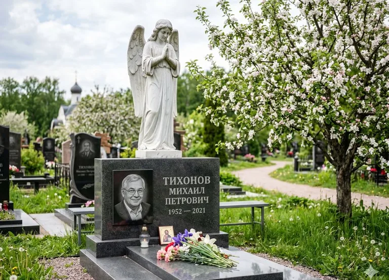 Мраморный молящийся ангел на гранитном памятнике весной в Томске