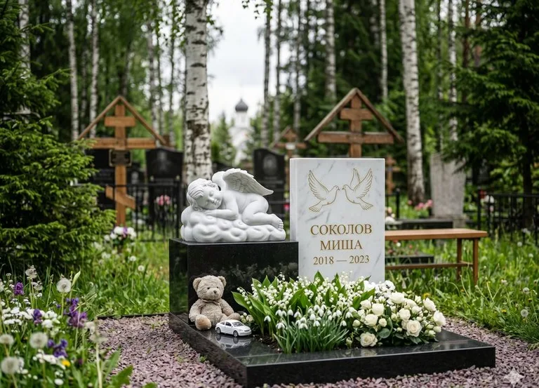 Белый ангелочек на детском памятнике в Томске