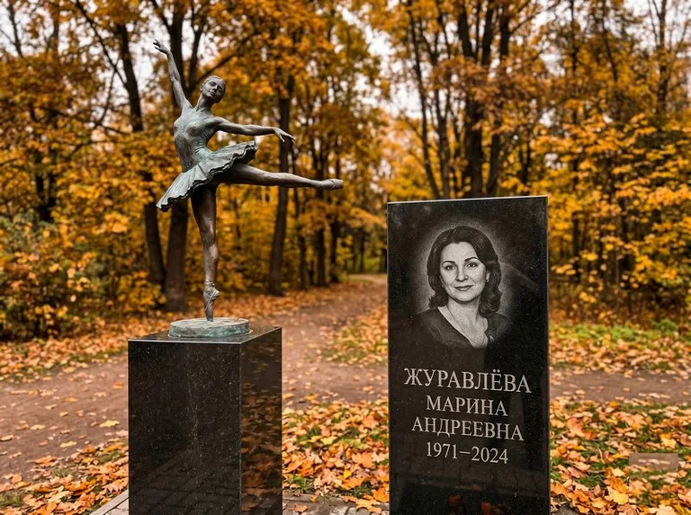Бронзовая балерина на постаменте рядом со стелой осенью в Томске