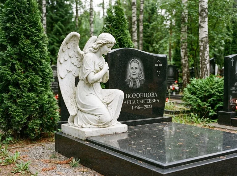 Белый мраморный ангел на гранитном памятнике в Томске