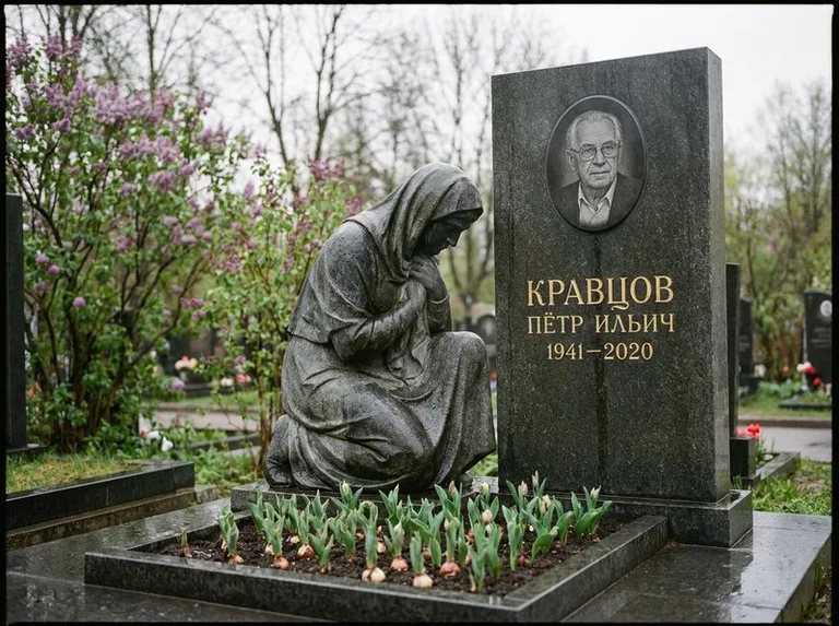 Гранитная скорбящая фигура у стелы на кладбище в Томске