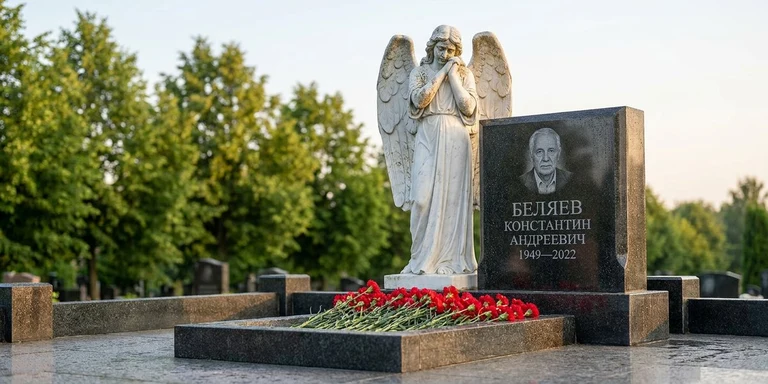 Скульптура на памятник в Томске — мраморный ангел на гранитном мемориале