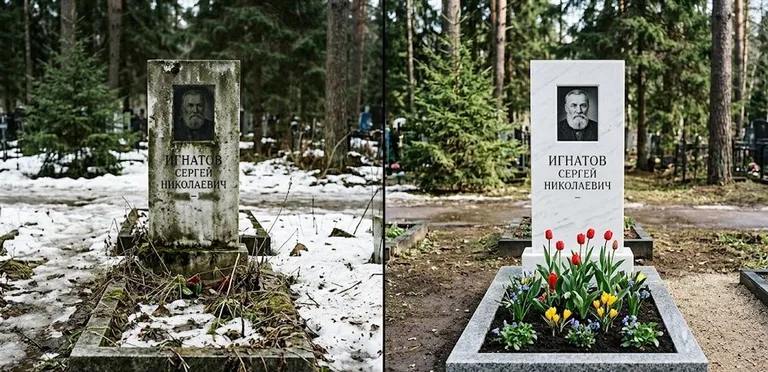 Диптих №6: высадка хризантем у подножия серого гранита — до и после уборки в Томске