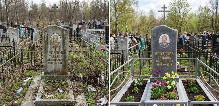 Диптих №4: свежепокрашенная серебром оградка и отмытый красный гранит — до и после в Томске
