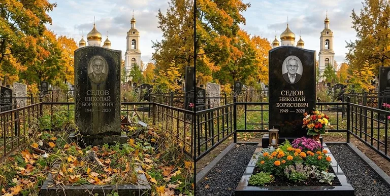 Уборка могилы до и после осенью — у церкви в Томске