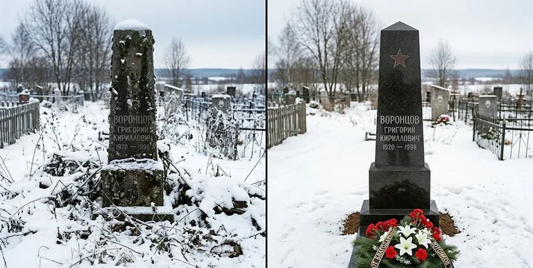 Уборка могилы до и после зимой — воинский обелиск в Томске