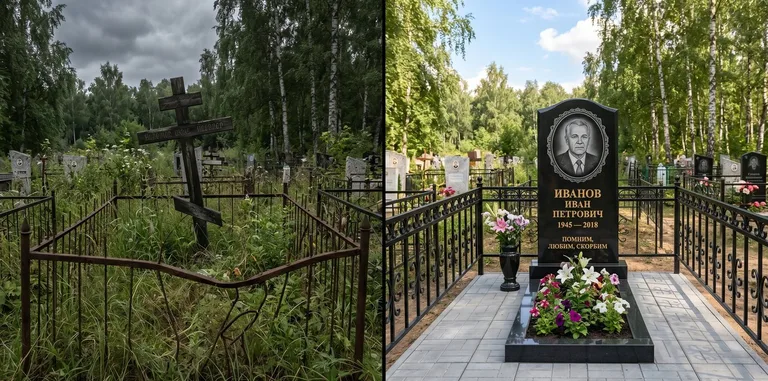 Благоустройство могилы до и после установки памятника в Томске