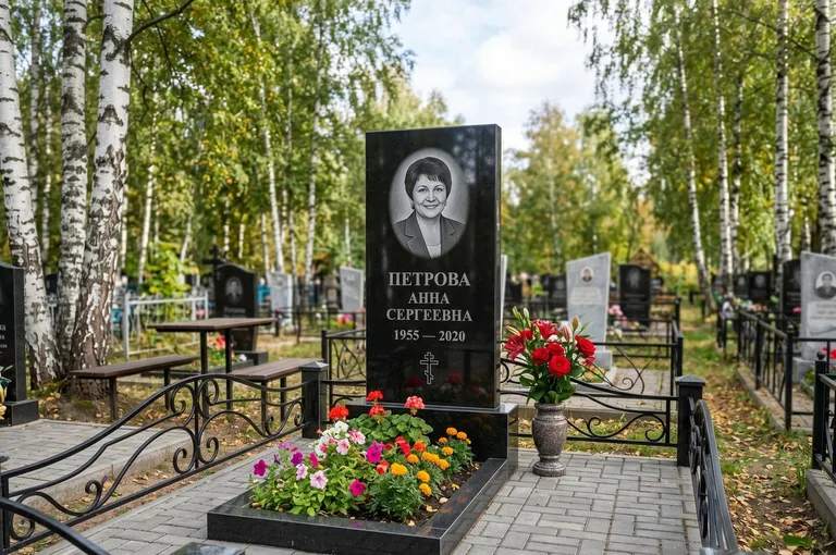 Гранитный памятник с цветником и плиткой в Томске