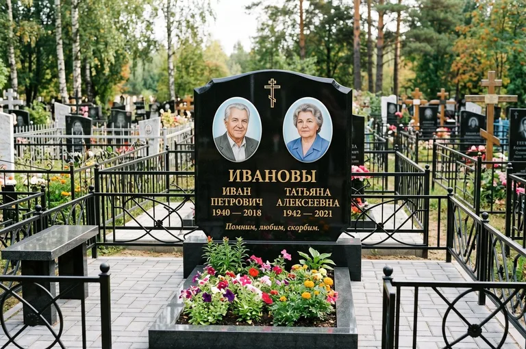 Установленный гранитный памятник с цветником и благоустройством в Томске