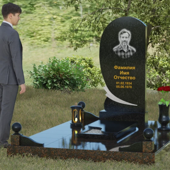 Гранитный памятник «Волна» с изгибом, гранит Габбро-диабаз, вид 4