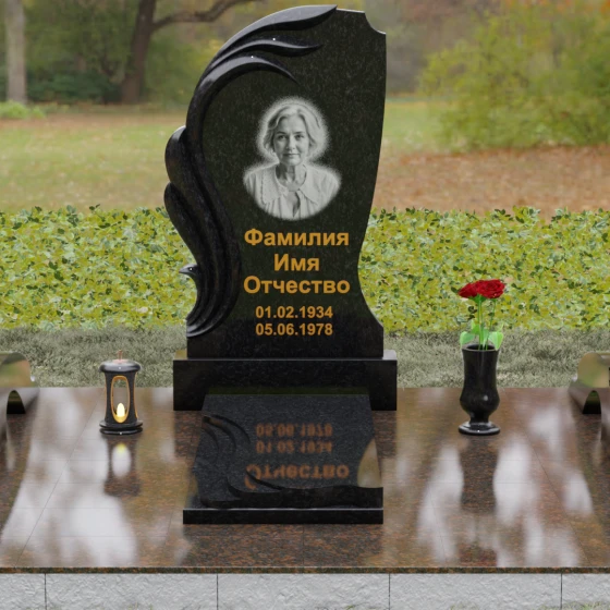 Гранитный памятник с барельефом крыла и птицы, гранит Габбро-диабаз, вид 2