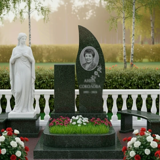 Элитный памятник с лилией и асимметричной волной, гранит Балтик грин
