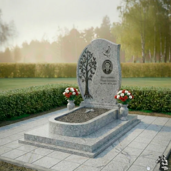 Гранитный мемориал с деревом и голубем, гранит Мансуровский