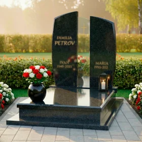 Элитный вертикальный памятник из гранита и стекла для двоих - ПН237