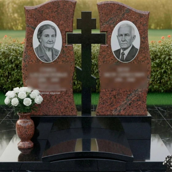 Элитный мраморный памятник на двоих с крестом, гранит Лезниковский