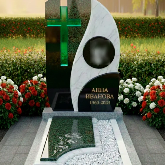 Комбинированный памятник с волной и крестом, гранит Балтик грин