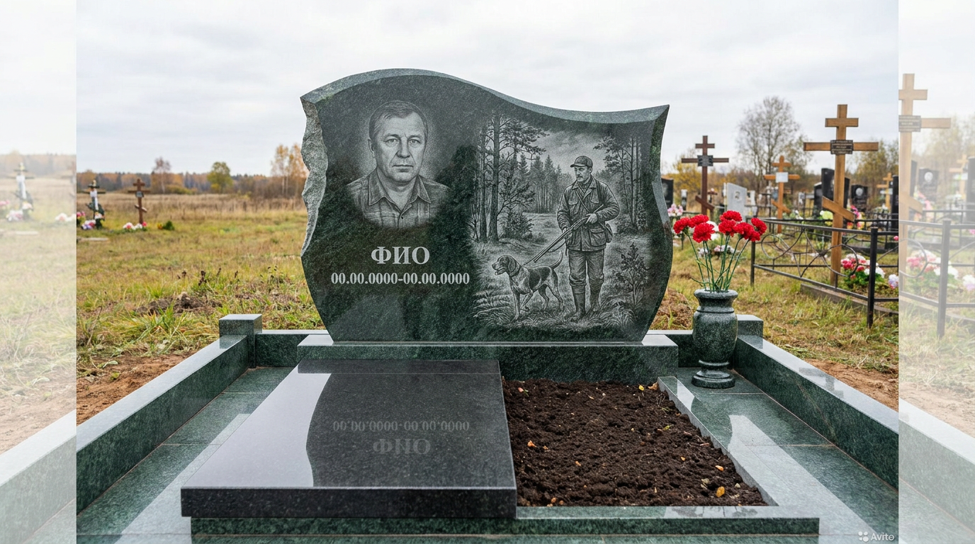 Пример дизайна: Гранитный памятник охотнику в форме скалы с охотничьим рогом