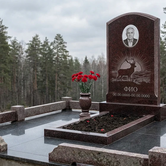 Гранитный памятник охотнику в форме арки с двустволкой