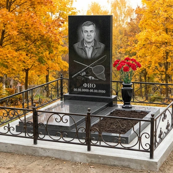 Гранитный памятник рыбаку с речным сюжетом