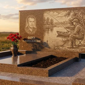 Гранитный памятник рыбаку с арочным верхом со щукой