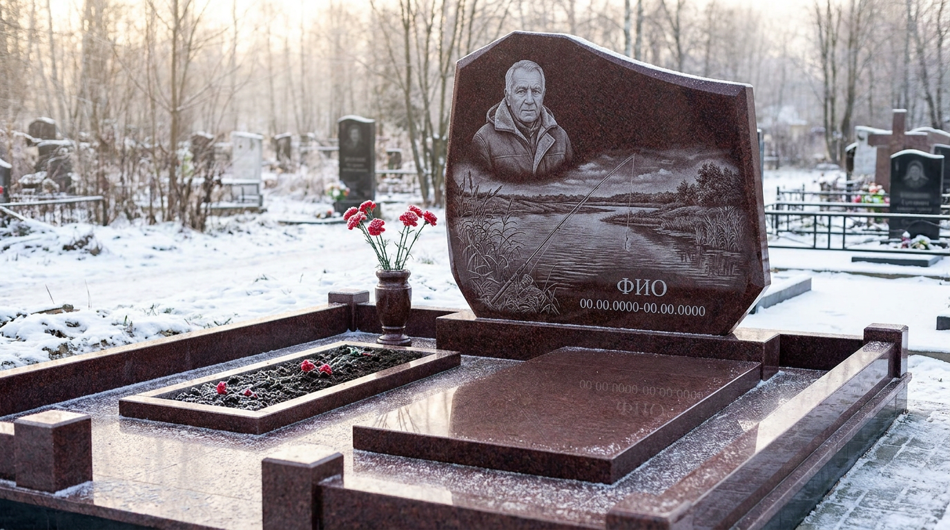 Пример дизайна: Гранитный памятник рыбаку в форме скалы с речным сюжетом