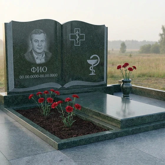 Гранитный памятник врачу в виде раскрытой книги с фонендоскопом и книгой