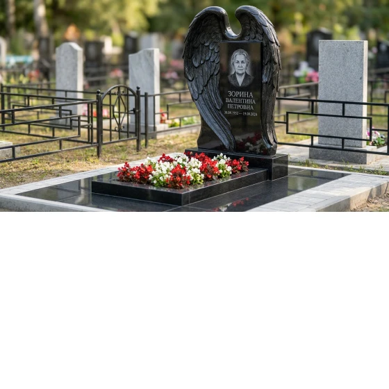 Мемориал с крылом ангела из черного габбро-диабаза с глубокой фрезеровкой