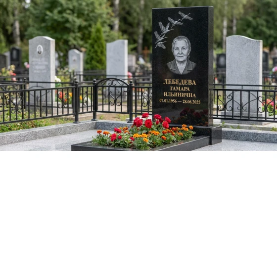 Мемориал с журавлиным клином из черного габбро-диабаза