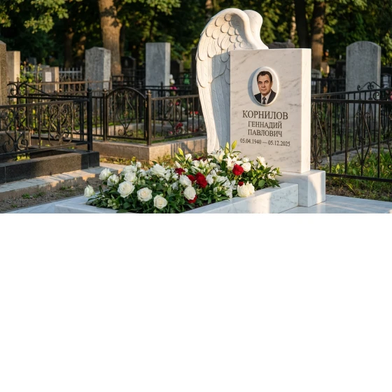 Памятник с обнимающим крылом ангела из белого мрамора