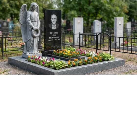 Памятник с ангелом и крылом из габбро-диабаза
