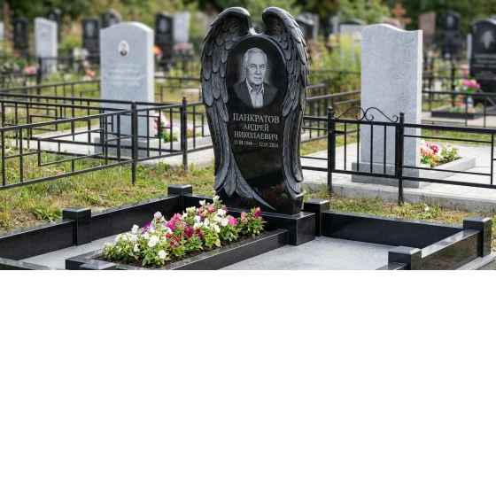 Памятник с крылом ангела из черного гранита габбро-диабаз
