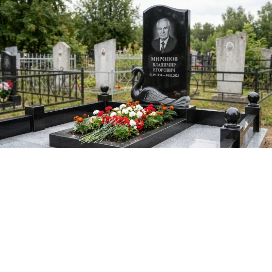 Памятник с лебедем из габбро-диабаза с портретом