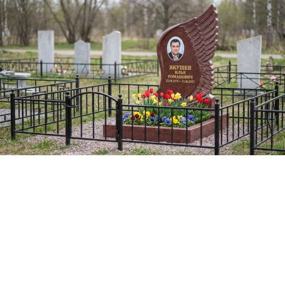 Памятник с крылом ангела из красного лезниковского гранита с фотопортретом
