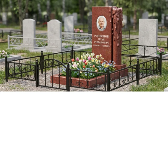 памятник с пламенем свечи из красного лезниковского гранита с портретом
