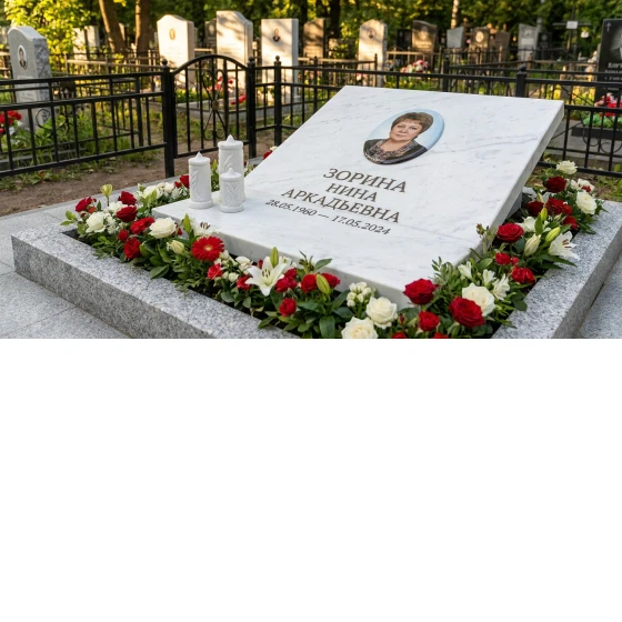 памятник с портретом и свечой из белого мрамора