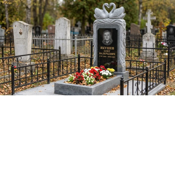 Памятник с лебедем из серого мансуровского гранита с портретом