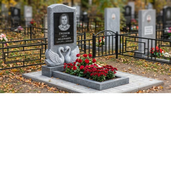 памятник с лебедем из серого гранита Мансуровский с портретом