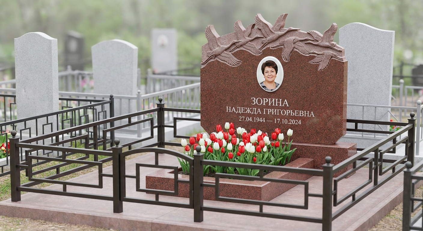 Пример дизайна: Памятник с журавлиным клином из красного гранита Лезниковский с фотопортретом