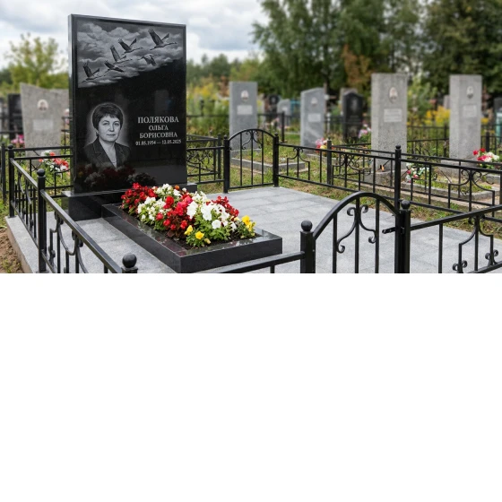 Памятник с журавлями из чёрного гранита габбро-диабаз с портретом