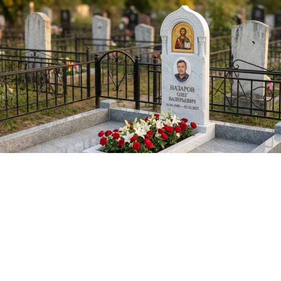 Памятник с иконой из белого мрамора с портретом
