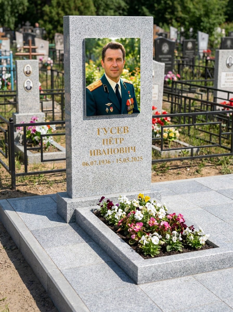 Портрет на памятнике в Томске — Прямоугольник на гранитной стеле, ФИО и даты на портрете